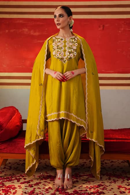 Buy Kesar Studio Green Silk Sequins, Embroidery Round Neck Asymmetric Kurta Harem Pant Set Online at Aza Fashions Buy_Kesar Studio_Green Silk Sequins, Embroidery Round Neck Asymmetric Kurta Harem Pant Set_Online_at_Aza_Fashions