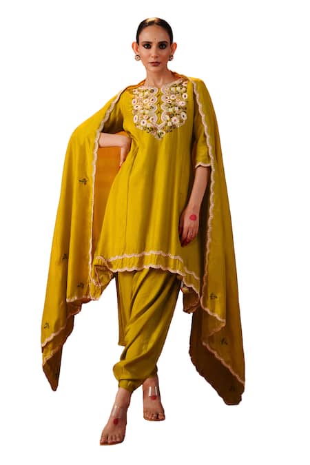 Shop Kesar Studio Green Silk Sequins, Embroidery Round Neck Asymmetric Kurta Harem Pant Set Online at Aza Fashions Shop_Kesar Studio_Green Silk Sequins, Embroidery Round Neck Asymmetric Kurta Harem Pant Set_Online_at_Aza_Fashions