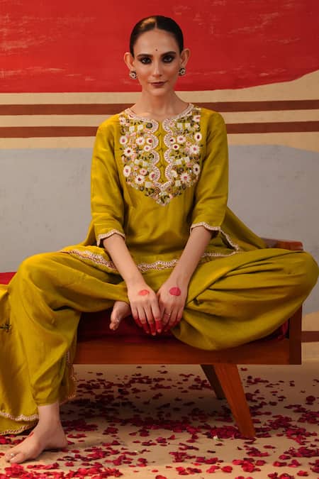 Kesar Studio Green Silk Sequins, Embroidery Round Neck Asymmetric Kurta Harem Pant Set at Aza Fashions Kesar Studio_Green Silk Sequins, Embroidery Round Neck Asymmetric Kurta Harem Pant Set_at_Aza_Fashions