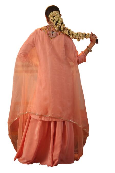 Kesar Studio Pink Organza, Silk Sequins, Beads, Embroidery Scallop Cape Kurta Flared Pant Set Online at Aza Fashions Kesar Studio_Pink Organza, Silk Sequins, Beads, Embroidery Scallop Cape Kurta Flared Pant Set_Online_at_Aza_Fashions