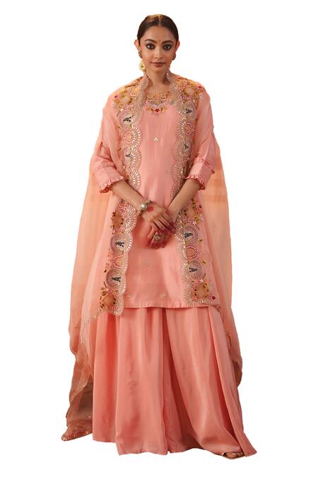 Buy Kesar Studio Pink Organza, Silk Sequins, Beads, Embroidery Scallop Cape Kurta Flared Pant Set Online at Aza Fashions Buy_Kesar Studio_Pink Organza, Silk Sequins, Beads, Embroidery Scallop Cape Kurta Flared Pant Set_Online_at_Aza_Fashions