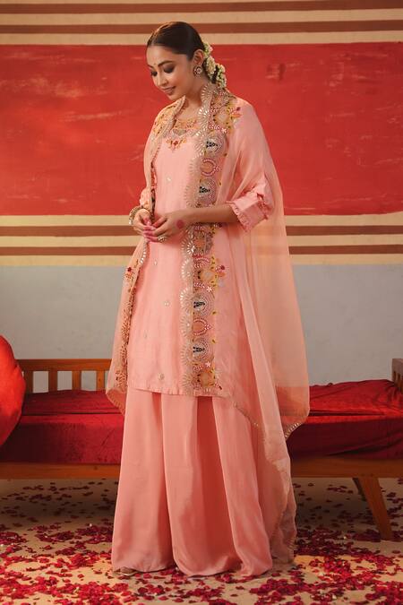 Shop Kesar Studio Pink Organza, Silk Sequins, Beads, Embroidery Scallop Cape Kurta Flared Pant Set Online at Aza Fashions Shop_Kesar Studio_Pink Organza, Silk Sequins, Beads, Embroidery Scallop Cape Kurta Flared Pant Set_Online_at_Aza_Fashions