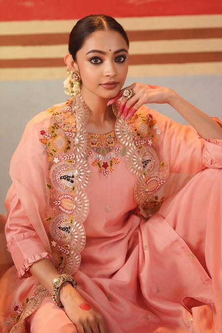 Kesar Studio Pink Organza, Silk Sequins, Beads, Embroidery Scallop Cape Kurta Flared Pant Set at Aza Fashions Kesar Studio_Pink Organza, Silk Sequins, Beads, Embroidery Scallop Cape Kurta Flared Pant Set_at_Aza_Fashions