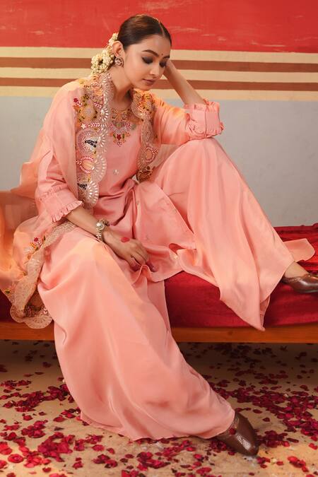 Buy Kesar Studio Pink Organza, Silk Sequins, Beads, Embroidery Scallop Cape Kurta Flared Pant Set Buy_Kesar Studio_Pink Organza, Silk Sequins, Beads, Embroidery Scallop Cape Kurta Flared Pant Set
