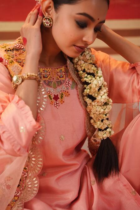Shop Kesar Studio Pink Organza, Silk Sequins, Beads, Embroidery Scallop Cape Kurta Flared Pant Set Shop_Kesar Studio_Pink Organza, Silk Sequins, Beads, Embroidery Scallop Cape Kurta Flared Pant Set