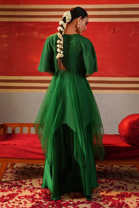 Shop Kesar Studio Green Silk, Organza, Satin Pearls, Inaara Asymmetric Kurta Harem Pant Set at Aza Fashions Shop_Kesar Studio_Green Silk, Organza, Satin Pearls, Inaara Asymmetric Kurta Harem Pant Set_at_Aza_Fashions