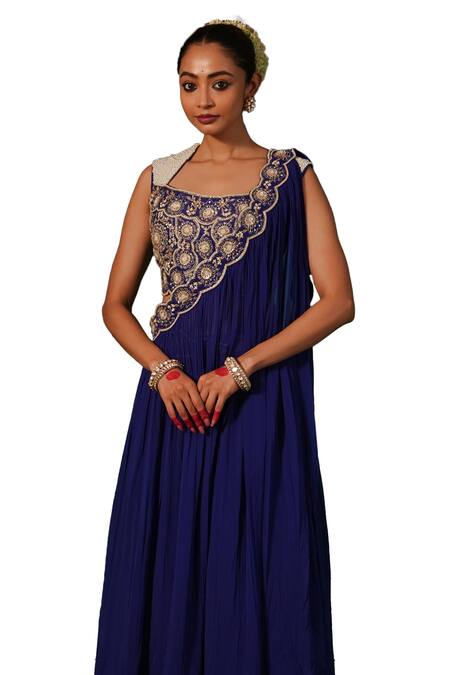Kesar Studio_Blue Silk, Georgette Indriya Embroidered Pre-draped Skirt Saree With Blouse_Online_at_Aza_Fashions