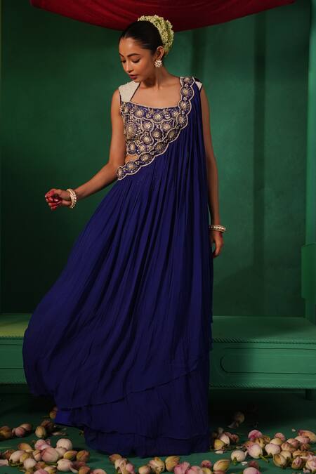 Buy_Kesar Studio_Blue Silk, Georgette Indriya Embroidered Pre-draped Skirt Saree With Blouse_Online_at_Aza_Fashions