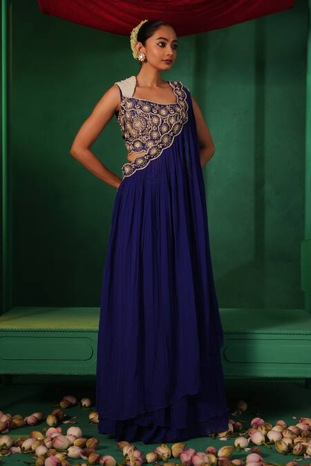 Shop_Kesar Studio_Blue Silk, Georgette Indriya Embroidered Pre-draped Skirt Saree With Blouse_Online_at_Aza_Fashions