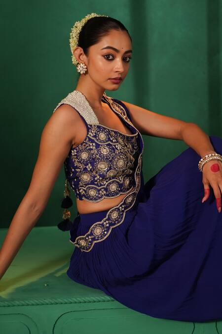 Kesar Studio_Blue Silk, Georgette Indriya Embroidered Pre-draped Skirt Saree With Blouse_at_Aza_Fashions