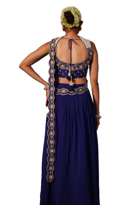 Buy_Kesar Studio_Blue Silk, Georgette Indriya Embroidered Pre-draped Skirt Saree With Blouse