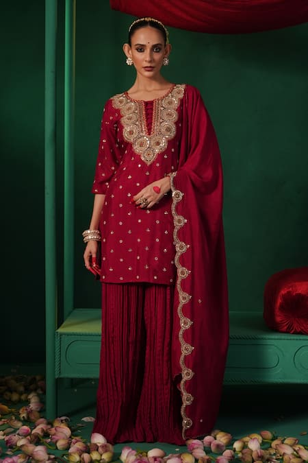 Kesar Studio Red Silk Embellished Sequin Round Kaanch Mirror Kurta Flared Pant Set 