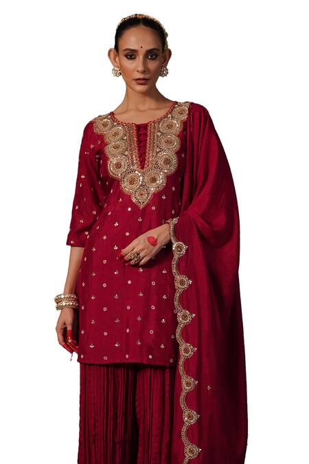 Kesar Studio_Red Silk Sequins, Embroidery, Mirrors Kaanch Embellished Kurta Flared Pant Set_Online_at_Aza_Fashions