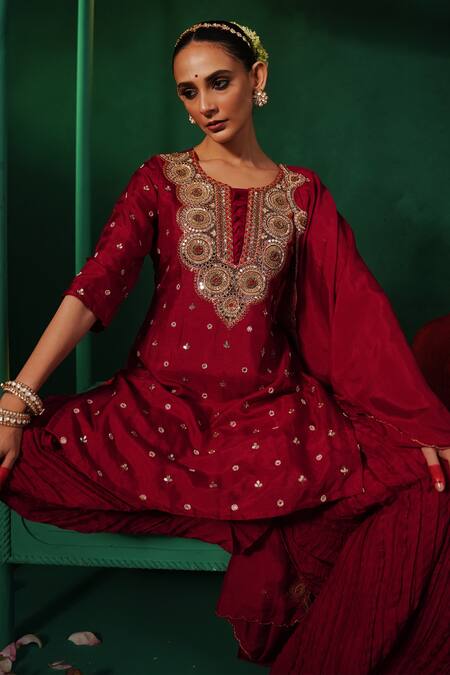 Buy_Kesar Studio_Red Silk Sequins, Embroidery, Mirrors Kaanch Embellished Kurta Flared Pant Set_Online_at_Aza_Fashions