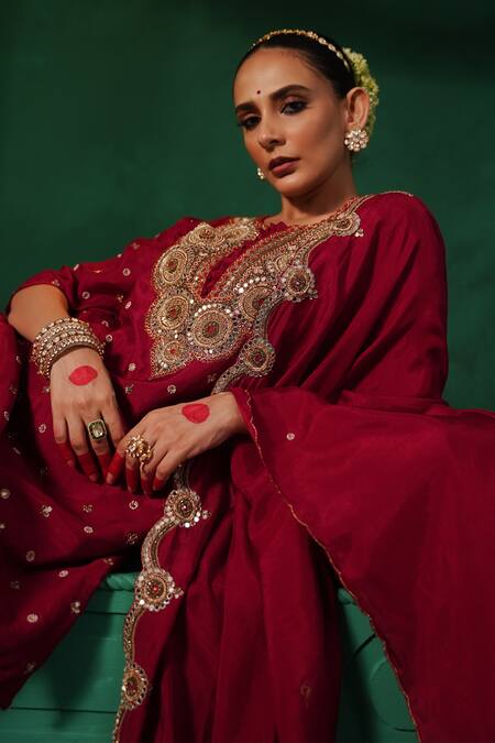 Shop_Kesar Studio_Red Silk Sequins, Embroidery, Mirrors Kaanch Embellished Kurta Flared Pant Set_Online_at_Aza_Fashions