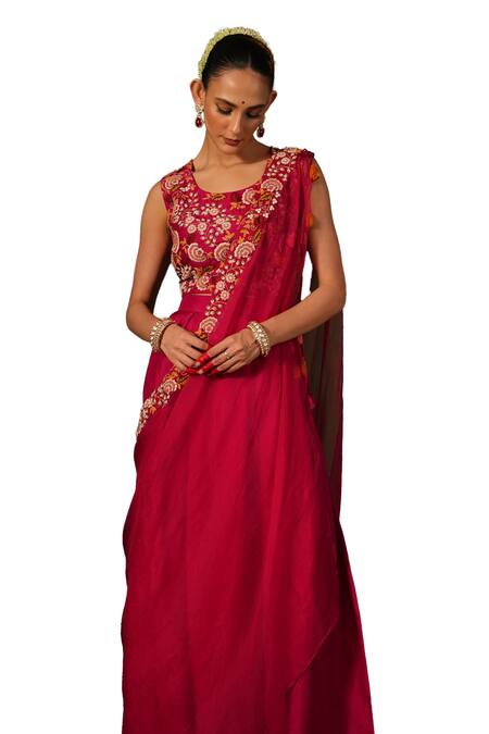 Kesar Studio Red Silk, Organza Beads, Embroidery Round Masakali Solid Pant Tasselled Sash Set Online at Aza Fashions Kesar Studio_Red Silk, Organza Beads, Embroidery Round Masakali Solid Pant Tasselled Sash Set_Online_at_Aza_Fashions