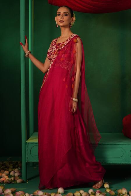 Buy_Kesar Studio_Red Silk, Organza Beads, Embroidery Round Masakali Solid Pant Tasselled Sash Set_Online_at_Aza_Fashions