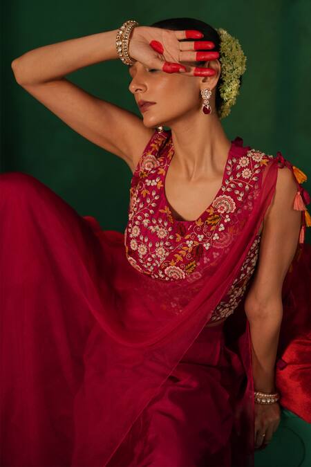 Shop Kesar Studio Red Silk, Organza Beads, Embroidery Round Masakali Solid Pant Tasselled Sash Set Online at Aza Fashions Shop_Kesar Studio_Red Silk, Organza Beads, Embroidery Round Masakali Solid Pant Tasselled Sash Set_Online_at_Aza_Fashions