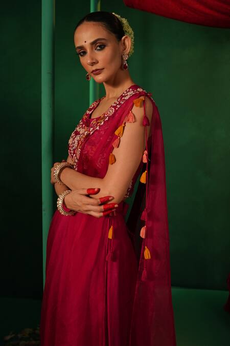 Kesar Studio_Red Silk, Organza Beads, Embroidery Round Masakali Solid Pant Tasselled Sash Set_at_Aza_Fashions