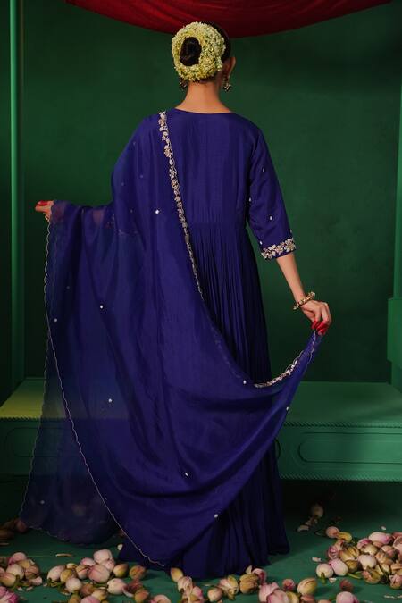 Shop Kesar Studio Blue Silk, Georgette Pearls, Beads, Embroidery Mayur Yoke Anarkali With Dupatta at Aza Fashions Shop_Kesar Studio_Blue Silk, Georgette Pearls, Beads, Embroidery Mayur Yoke Anarkali With Dupatta_at_Aza_Fashions