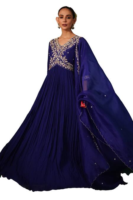 Buy Kesar Studio Blue Silk, Georgette Pearls, Beads, Embroidery Mayur Yoke Anarkali With Dupatta Online at Aza Fashions Buy_Kesar Studio_Blue Silk, Georgette Pearls, Beads, Embroidery Mayur Yoke Anarkali With Dupatta_Online_at_Aza_Fashions