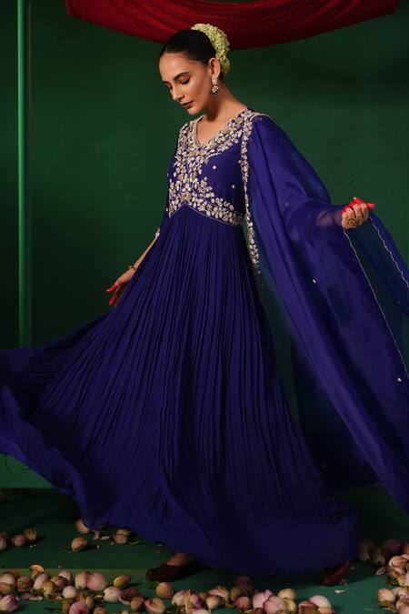 Shop Kesar Studio Blue Silk, Georgette Pearls, Beads, Embroidery Mayur Yoke Anarkali With Dupatta Online at Aza Fashions Shop_Kesar Studio_Blue Silk, Georgette Pearls, Beads, Embroidery Mayur Yoke Anarkali With Dupatta_Online_at_Aza_Fashions