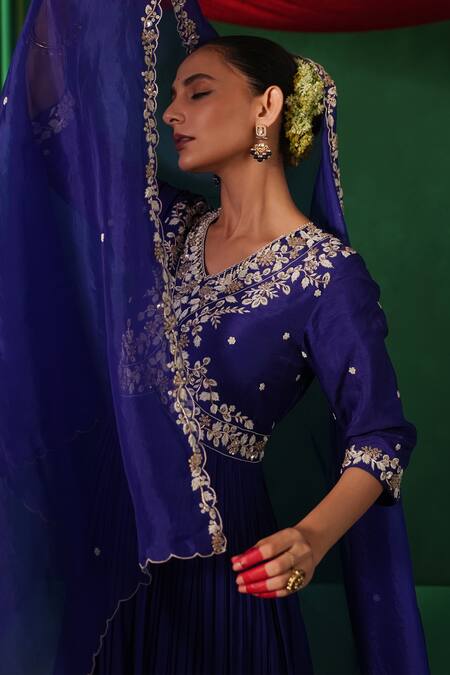 Kesar Studio Blue Silk, Georgette Pearls, Beads, Embroidery Mayur Yoke Anarkali With Dupatta at Aza Fashions Kesar Studio_Blue Silk, Georgette Pearls, Beads, Embroidery Mayur Yoke Anarkali With Dupatta_at_Aza_Fashions