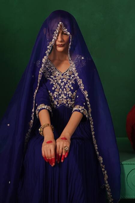 Buy Kesar Studio Blue Silk, Georgette Pearls, Beads, Embroidery Mayur Yoke Anarkali With Dupatta Buy_Kesar Studio_Blue Silk, Georgette Pearls, Beads, Embroidery Mayur Yoke Anarkali With Dupatta