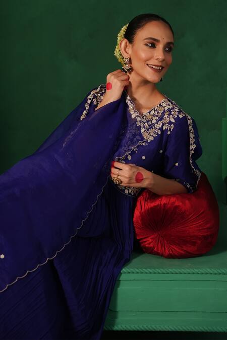 Shop Kesar Studio Blue Silk, Georgette Pearls, Beads, Embroidery Mayur Yoke Anarkali With Dupatta Shop_Kesar Studio_Blue Silk, Georgette Pearls, Beads, Embroidery Mayur Yoke Anarkali With Dupatta