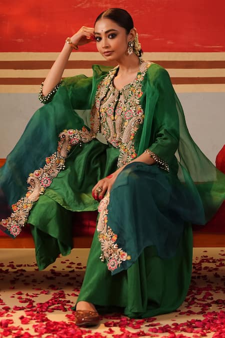 Kesar Studio Green Silk Handwork Mori Kurta Round Neck K Dhaage Ombre Cape With Set 