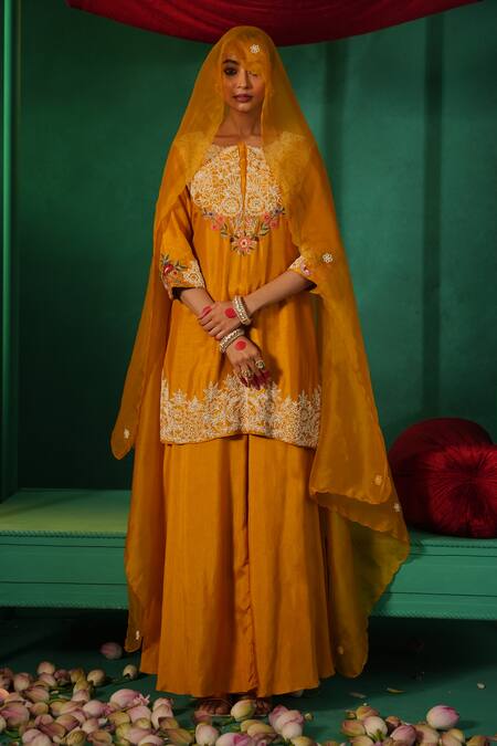 Shop_Kesar Studio_Yellow Silk, Organza Embroidery Round Neck Moti Thread Kurta Set_at_Aza_Fashions