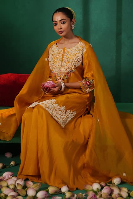 Shop Kesar Studio Yellow Silk, Organza Embroidery Round Neck Moti Thread Kurta Set Online at Aza Fashions Shop_Kesar Studio_Yellow Silk, Organza Embroidery Round Neck Moti Thread Kurta Set_Online_at_Aza_Fashions
