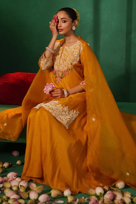 Kesar Studio Yellow Silk, Organza Embroidery Round Neck Moti Thread Kurta Set at Aza Fashions Kesar Studio_Yellow Silk, Organza Embroidery Round Neck Moti Thread Kurta Set_at_Aza_Fashions