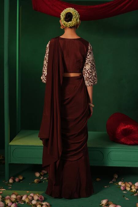 Shop Kesar Studio Brown Silk, Crepe Embroidery, Applique Naqsh Draped Skirt With Hand Work Blouse at Aza Fashions Shop_Kesar Studio_Brown Silk, Crepe Embroidery, Applique Naqsh Draped Skirt With Hand Work Blouse_at_Aza_Fashions