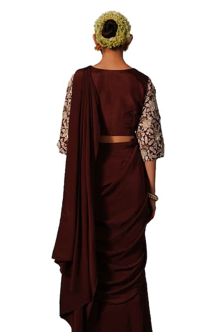 Kesar Studio Brown Silk, Crepe Embroidery, Applique Naqsh Draped Skirt With Hand Work Blouse Online at Aza Fashions Kesar Studio_Brown Silk, Crepe Embroidery, Applique Naqsh Draped Skirt With Hand Work Blouse_Online_at_Aza_Fashions