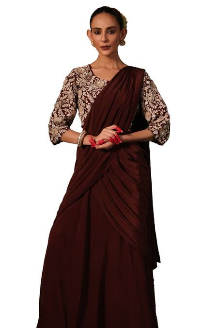 Buy Kesar Studio Brown Silk, Crepe Embroidery, Applique Naqsh Draped Skirt With Hand Work Blouse Online at Aza Fashions Buy_Kesar Studio_Brown Silk, Crepe Embroidery, Applique Naqsh Draped Skirt With Hand Work Blouse_Online_at_Aza_Fashions