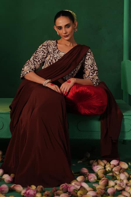 Shop Kesar Studio Brown Silk, Crepe Embroidery, Applique Naqsh Draped Skirt With Hand Work Blouse Online at Aza Fashions Shop_Kesar Studio_Brown Silk, Crepe Embroidery, Applique Naqsh Draped Skirt With Hand Work Blouse_Online_at_Aza_Fashions