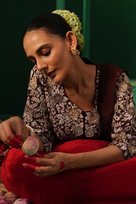 Kesar Studio_Brown Silk, Crepe Embroidery, Applique Naqsh Draped Skirt With Hand Work Blouse_at_Aza_Fashions