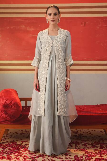 Buy Kesar Studio Blue Silk, Organza Sequins, Nayaab Mori Hand Work Jacket With Cowl Gown Online at Aza Fashions Buy_Kesar Studio_Blue Silk, Organza Sequins, Nayaab Mori Hand Work Jacket With Cowl Gown_Online_at_Aza_Fashions