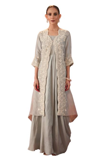 Shop Kesar Studio Blue Silk, Organza Sequins, Nayaab Mori Hand Work Jacket With Cowl Gown Online at Aza Fashions Shop_Kesar Studio_Blue Silk, Organza Sequins, Nayaab Mori Hand Work Jacket With Cowl Gown_Online_at_Aza_Fashions