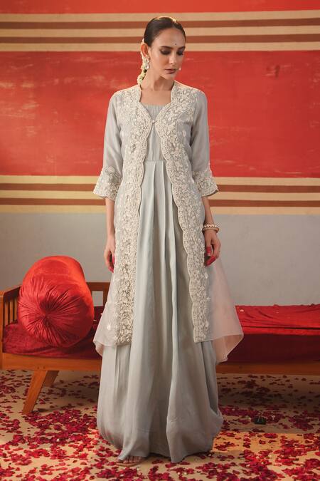 Kesar Studio Blue Silk, Organza Sequins, Nayaab Mori Hand Work Jacket With Cowl Gown at Aza Fashions Kesar Studio_Blue Silk, Organza Sequins, Nayaab Mori Hand Work Jacket With Cowl Gown_at_Aza_Fashions