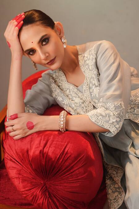 Buy Kesar Studio Blue Silk, Organza Sequins, Nayaab Mori Hand Work Jacket With Cowl Gown Buy_Kesar Studio_Blue Silk, Organza Sequins, Nayaab Mori Hand Work Jacket With Cowl Gown