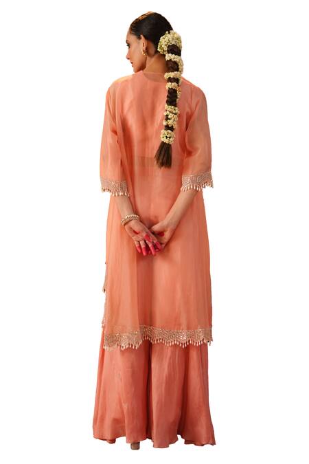 Kesar Studio Pink Silk, Organza Pearls, Embroidery Nayantara Asymmetric Jacket With Pant Set Online at Aza Fashions Kesar Studio_Pink Silk, Organza Pearls, Embroidery Nayantara Asymmetric Jacket With Pant Set_Online_at_Aza_Fashions