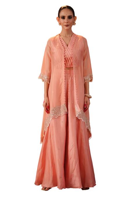 Buy Kesar Studio Pink Silk, Organza Pearls, Embroidery Nayantara Asymmetric Jacket With Pant Set Online at Aza Fashions Buy_Kesar Studio_Pink Silk, Organza Pearls, Embroidery Nayantara Asymmetric Jacket With Pant Set_Online_at_Aza_Fashions