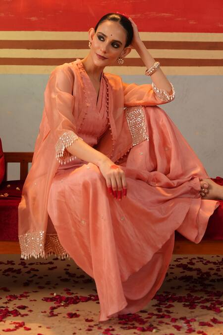 Shop_Kesar Studio_Pink Silk, Organza Pearls, Embroidery Nayantara Asymmetric Jacket With Pant Set_Online_at_Aza_Fashions