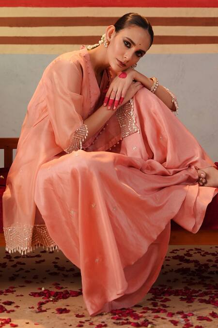 Kesar Studio Pink Silk, Organza Pearls, Embroidery Nayantara Asymmetric Jacket With Pant Set at Aza Fashions Kesar Studio_Pink Silk, Organza Pearls, Embroidery Nayantara Asymmetric Jacket With Pant Set_at_Aza_Fashions