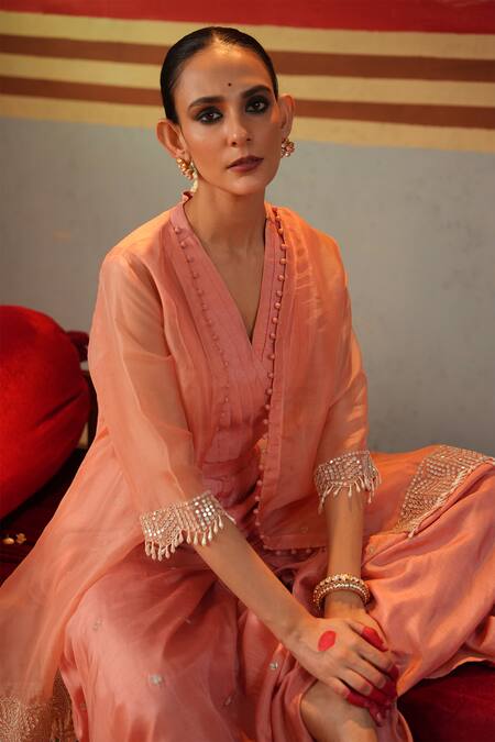 Buy_Kesar Studio_Pink Silk, Organza Pearls, Embroidery Nayantara Asymmetric Jacket With Pant Set