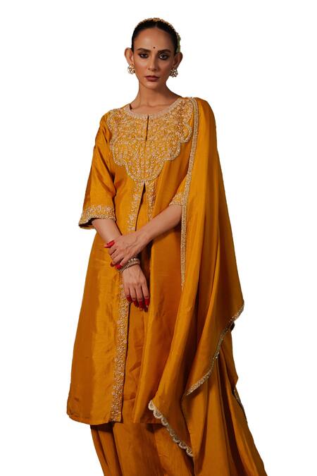 Shop Kesar Studio Yellow Silk Embroidery, Zari Round Neck Nazakat Zardosi Hand Work Kurta Set Online at Aza Fashions Shop_Kesar Studio_Yellow Silk Embroidery, Zari Round Neck Nazakat Zardosi Hand Work Kurta Set_Online_at_Aza_Fashions