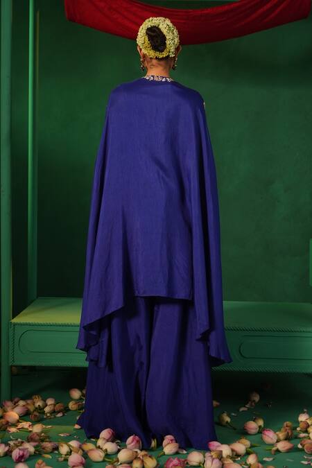 Shop_Kesar Studio_Blue Silk Embroidery, Pearls, Beads Round Neck Noor Floral Kurta Set_at_Aza_Fashions