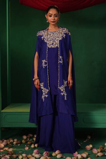 Shop Kesar Studio Blue Silk Embroidery, Pearls, Beads Round Neck Noor Floral Kurta Set Online at Aza Fashions Shop_Kesar Studio_Blue Silk Embroidery, Pearls, Beads Round Neck Noor Floral Kurta Set_Online_at_Aza_Fashions